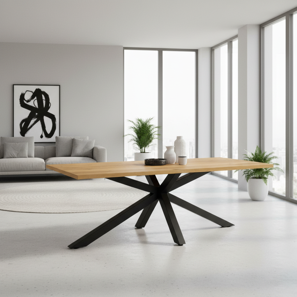 Heaven Large Rectangle Oak Dining Table Solid Metal Base 6-10 Seats 220x90x75.5