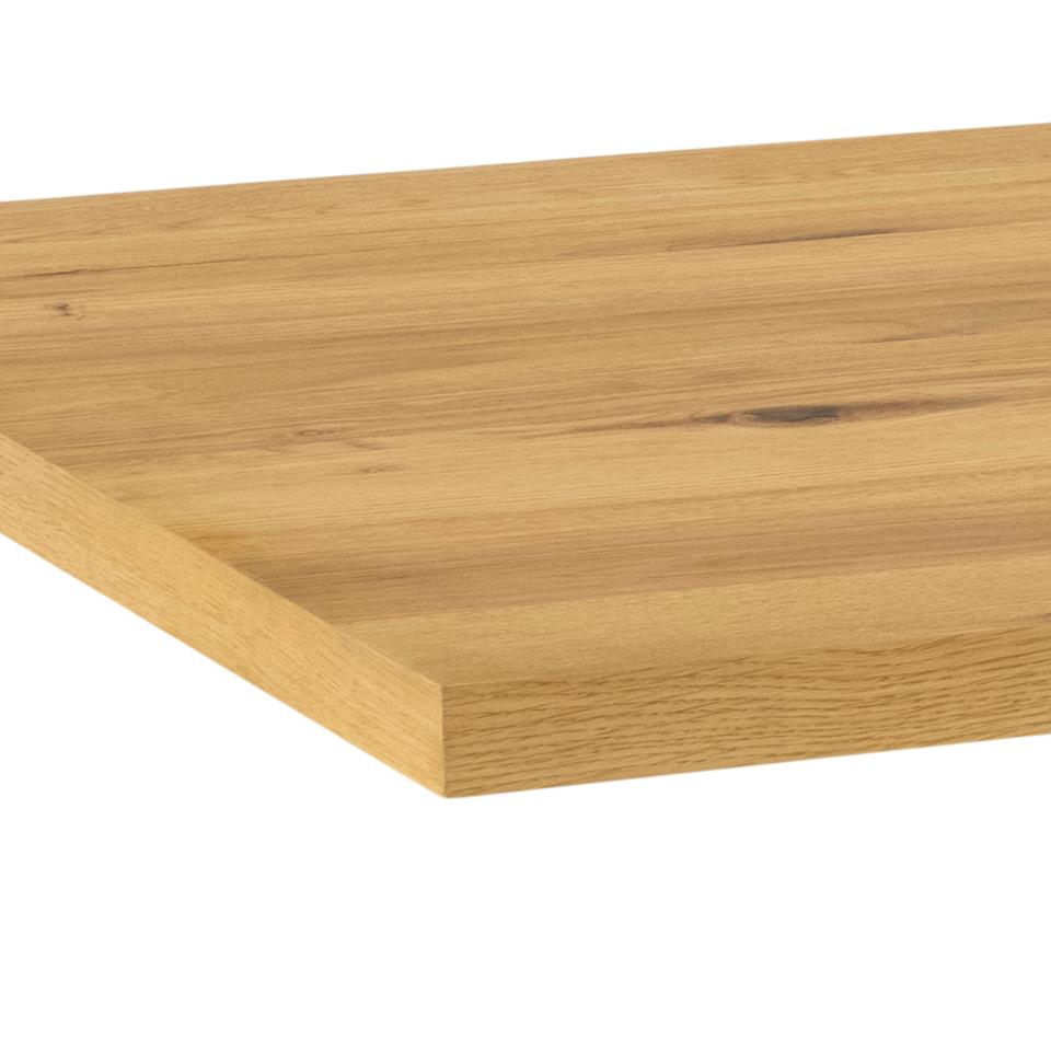 A close-up of a light oak wood board or shelf edge showing the natural wood grain texture against a plain white background.