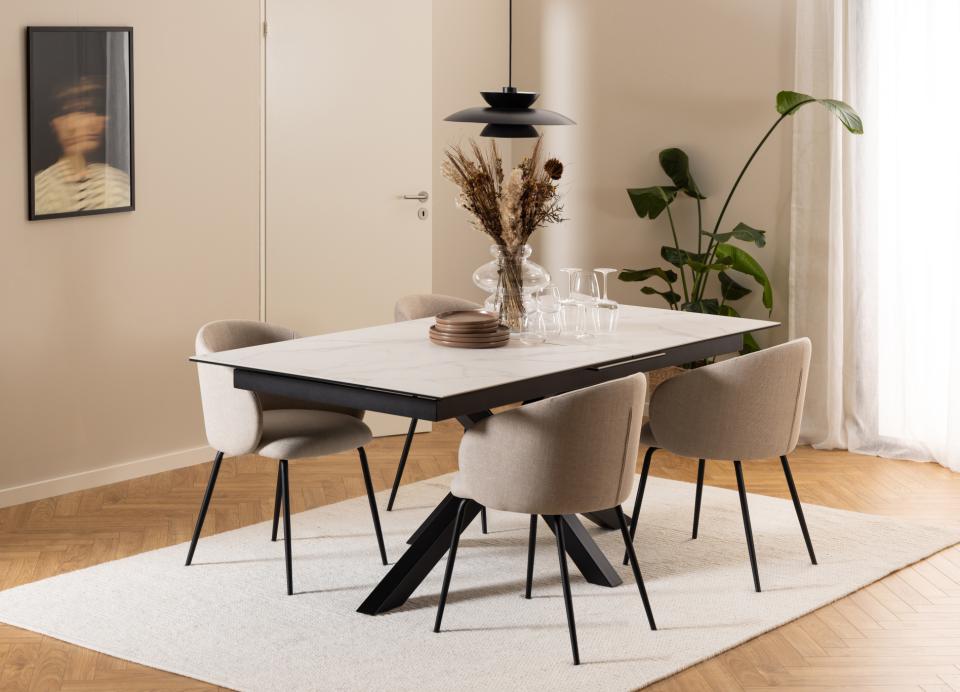 Dining room with a modern table and chairs on a white rug.