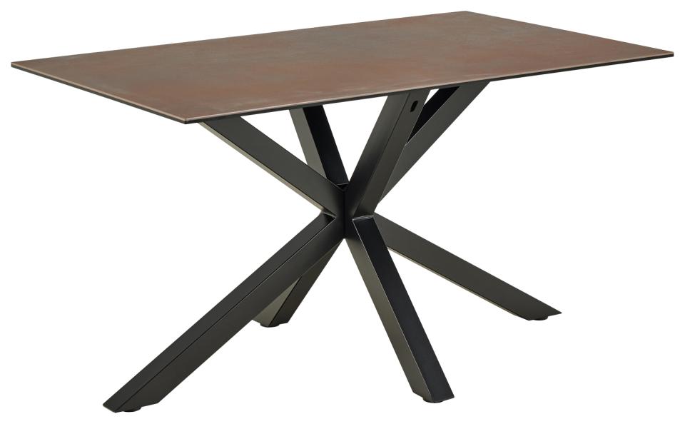 Dining table with a brown top and black metal legs on a white background