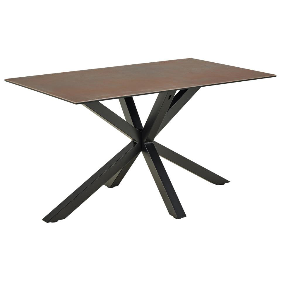 Rectangular table with a brown top and black metal legs on a white background