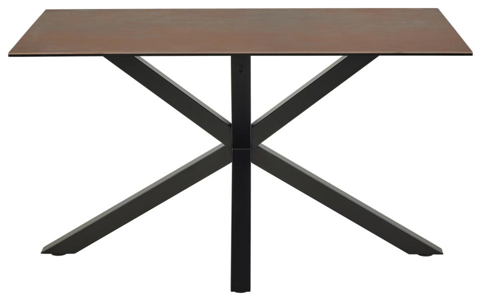 Table with a brown top and black metal legs on a white background