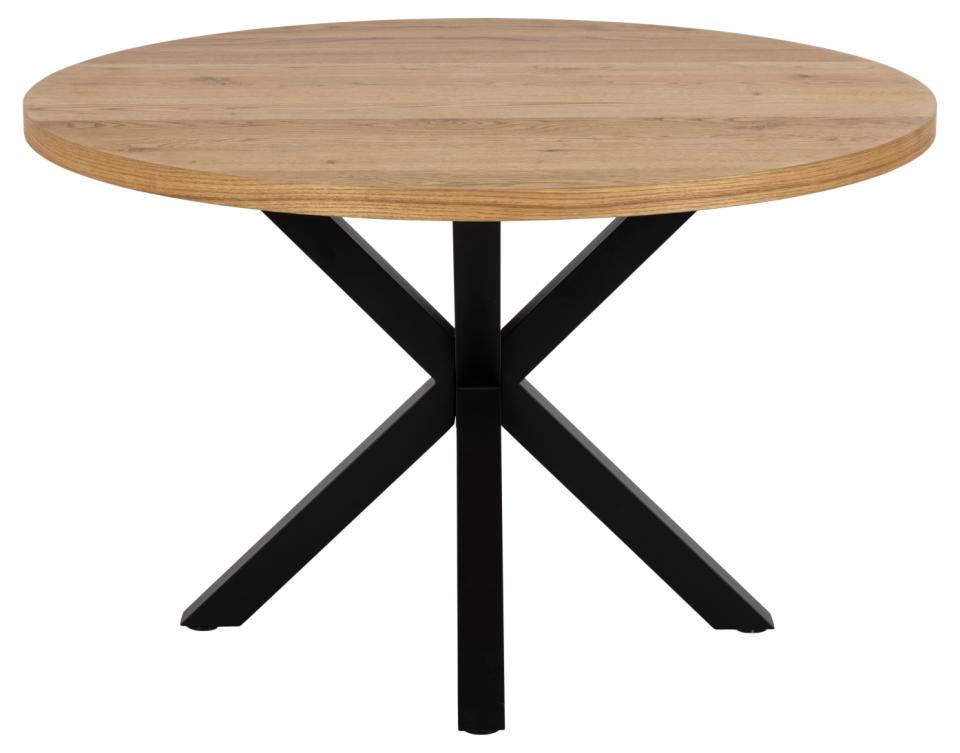 A round dining table with a light oak wood top and a black metal X-shaped base, shown against a plain white background.