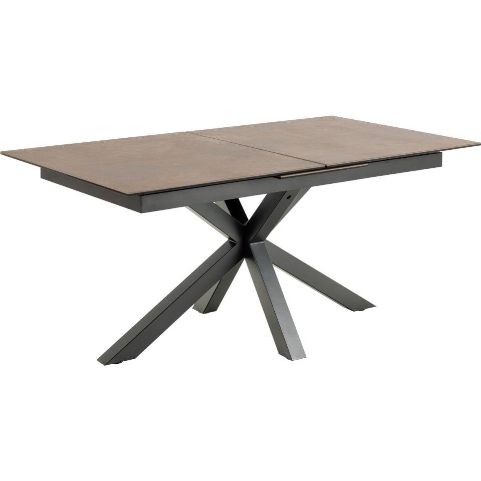 A rectangular extendable dining table with a rustic brown ceramic top and a cross base with black ceramic legs.