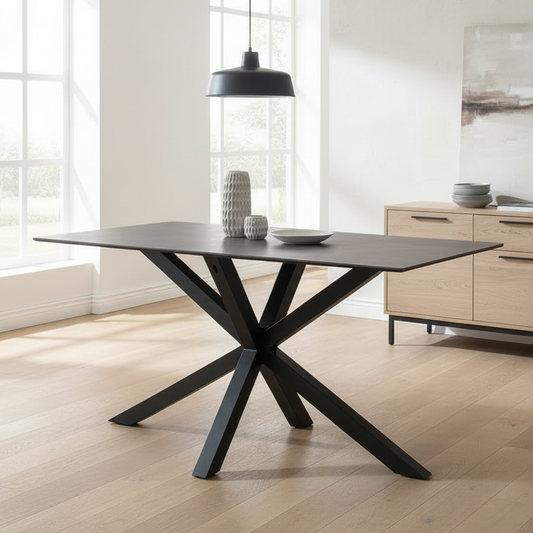Modern black dining table with X-shaped legs in a bright room.