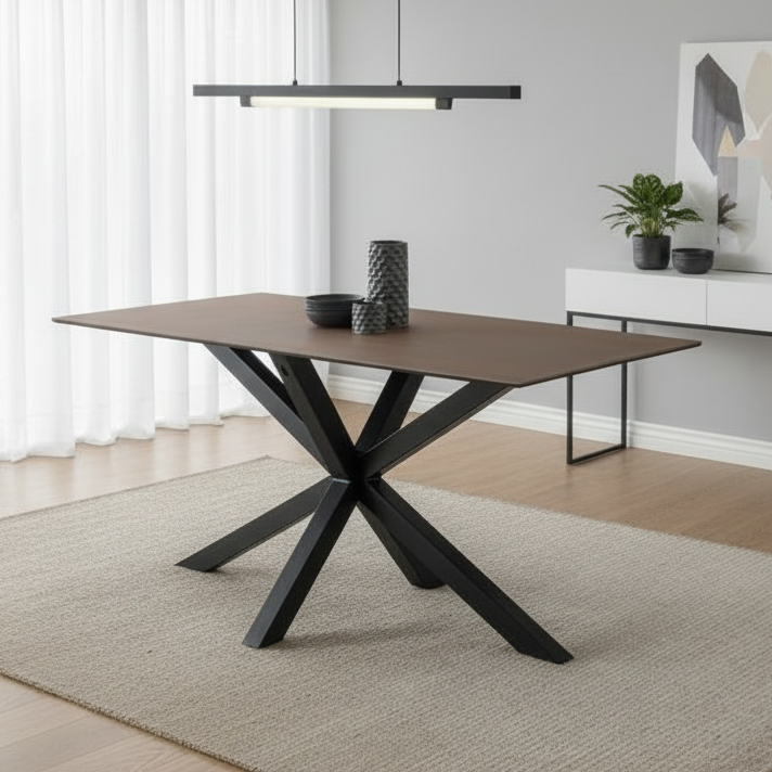 Dining table with black metal legs in a modern room setting