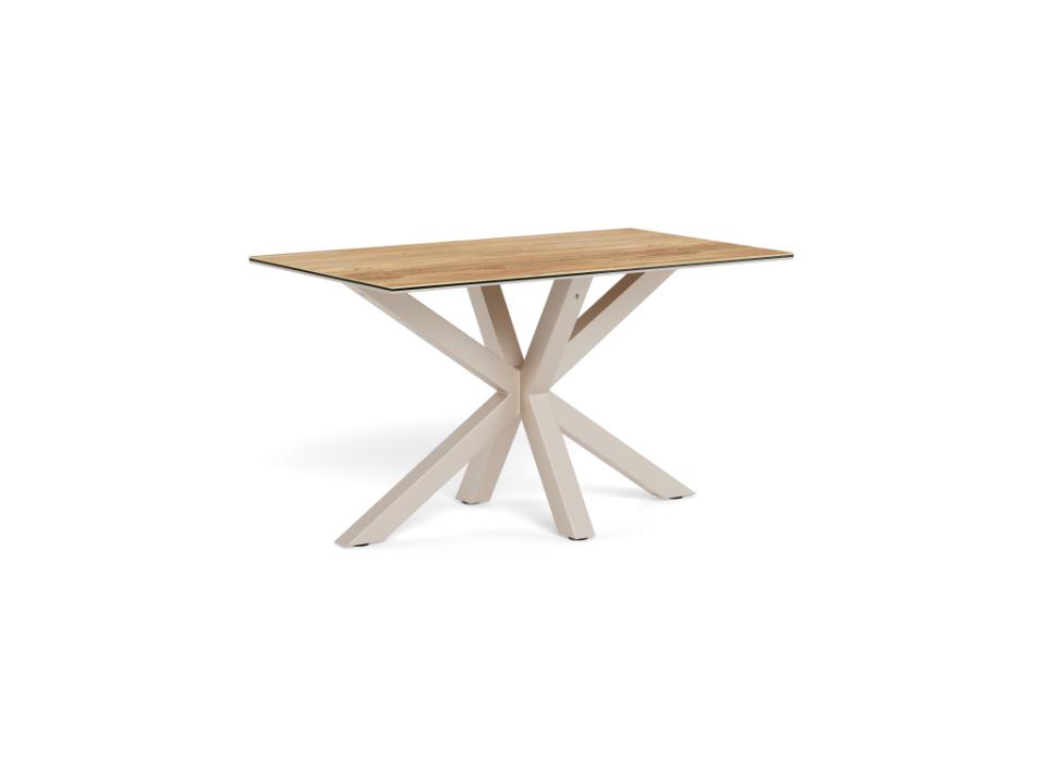Wooden table with white X-shaped legs on a white background