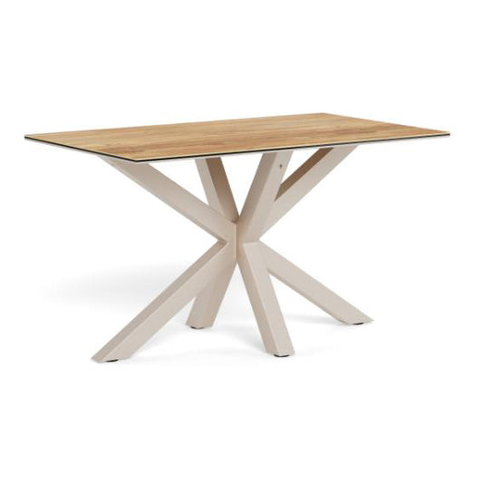A rectangular dining table with a light oak wood grain top and a modern light beige X-shaped metal base, shown on a solid white background.