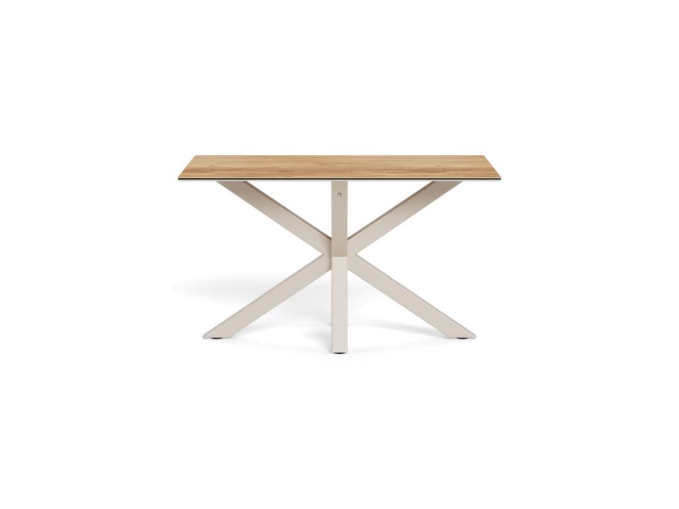 A rectangular dining table with a light natural wood top and a white metal X-shaped base, shown against a plain white background.