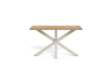 Load image into Gallery viewer, A rectangular dining table with a light natural wood top and a white metal X-shaped base, shown against a plain white background.
