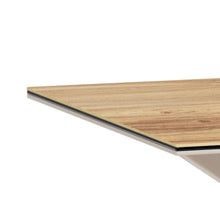 Load image into Gallery viewer, Close-up of a rectangular tabletop corner showing a light natural wood grain top with a thin black edge and a white base, photographed on a white background.
