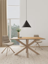 Load image into Gallery viewer, A modern dining table with a light wood top and X-shaped wooden base, accompanied by two upholstered chairs in a bright, minimalist dining room setting.
