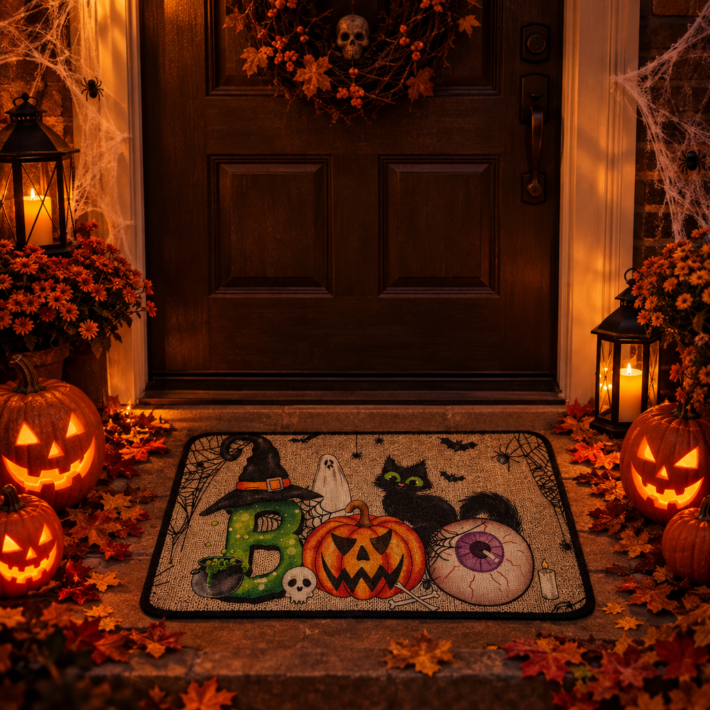 A Halloween-themed doormat featuring a carved pumpkin, witch hat, black cat, eyeball, skull, and spiderweb motifs, placed on a decorated front porch with pumpkins, lanterns, and autumn leaves.
