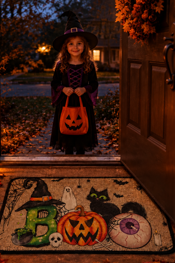 A young girl in a witch costume stands in a front doorway holding an orange pumpkin bucket during Halloween. The scene is decorated with carved pumpkins, spiderwebs, autumn leaves, and a colorful doormat featuring a witch hat, pumpkin, black cat, skull, and ghost.