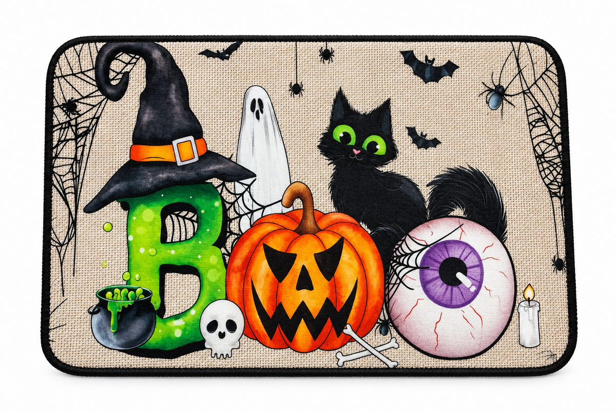 A rectangular Halloween-themed mat or rug with a black border, featuring a beige burlap-textured background and a spooky illustration. The design includes a large green letter B wearing a black witch hat, a jack-o'-lantern pumpkin, a black cat with green eyes, a white ghost, a eyeball, bats, spiders, cobwebs, a cauldron with green slime, a skull, bones, and a candle.