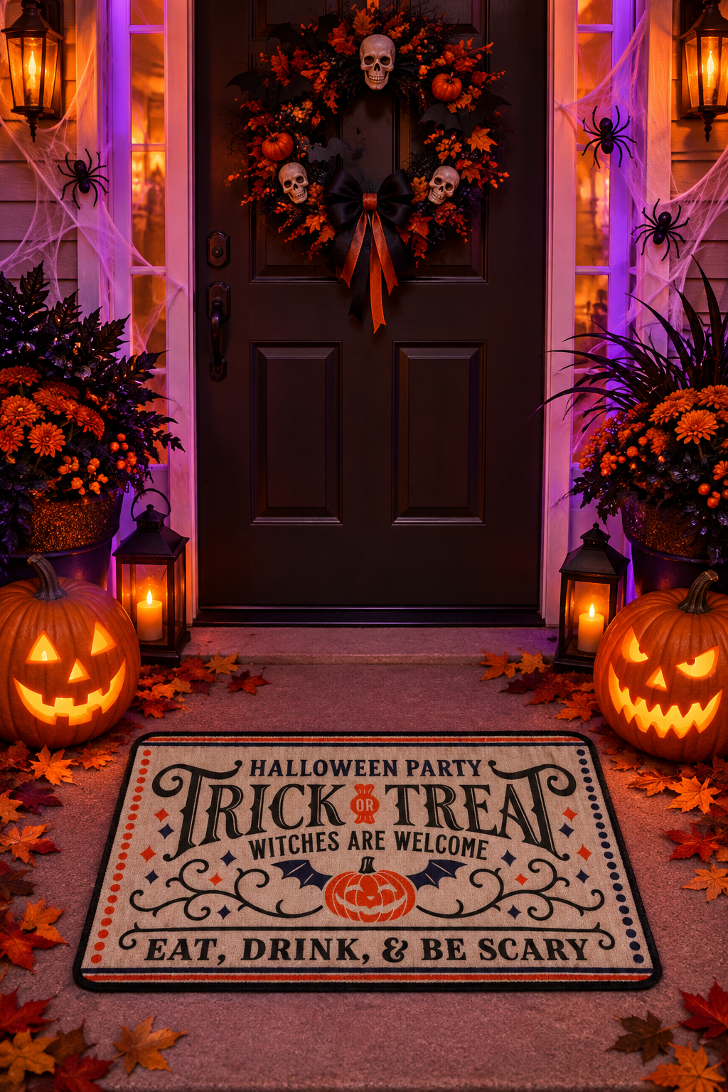 A Halloween-themed doormat with the text 'HALLOWEEN PARTY TRICK OR TREAT WITCHES ARE WELCOME EAT, DRINK, & BE SCARY' is displayed on a front porch decorated with jack-o'-lanterns, a wreath, spiderwebs, and lanterns.