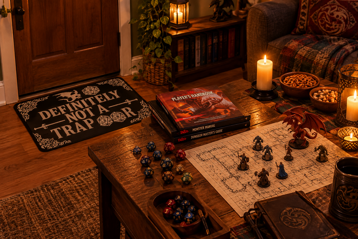 A cozy tabletop gaming setup in a dimly lit living room. A wooden coffee table holds a game map, miniatures, dice, candles, bowls of snacks, and a stack of books including 'Player's Handbook' and 'Monster Manual'.