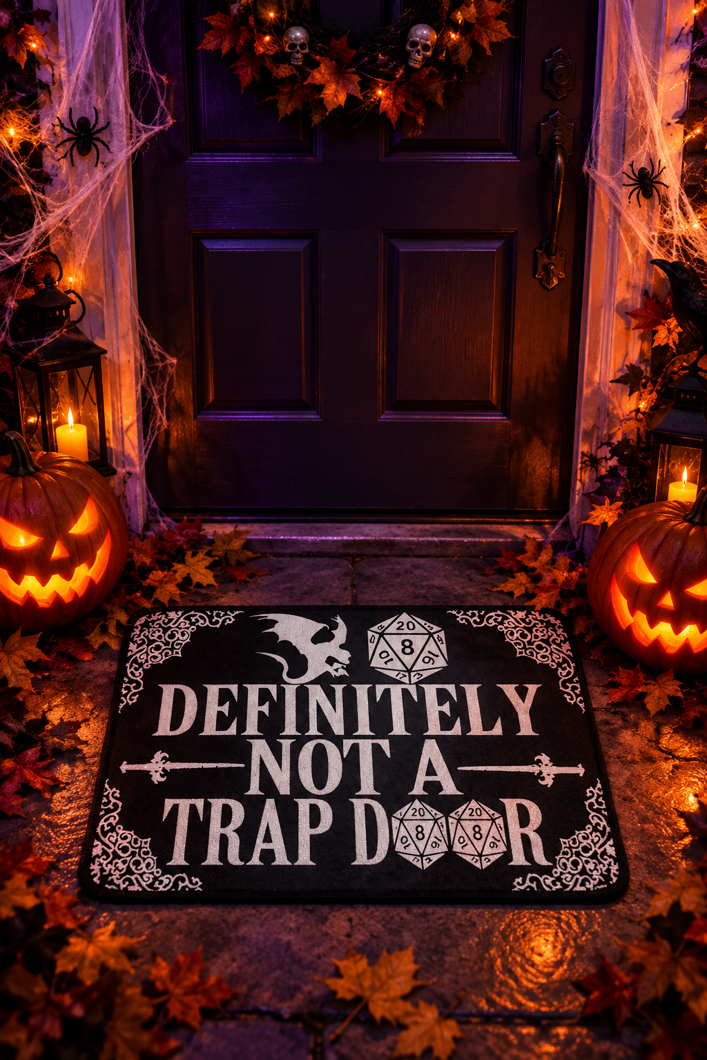 A Halloween-themed doormat with the text 'DEFINITELY NOT A TRAP DOOR' and dice-roller graphics, placed in front of a decorated dark door with pumpkins, spiderwebs, and autumn leaves.