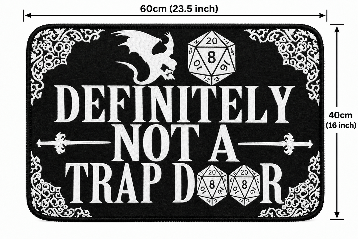 D&D theme 20D Black Door Mat Non Slip 59x40cm reads DEFINITELY NOT A TRAP DOOR