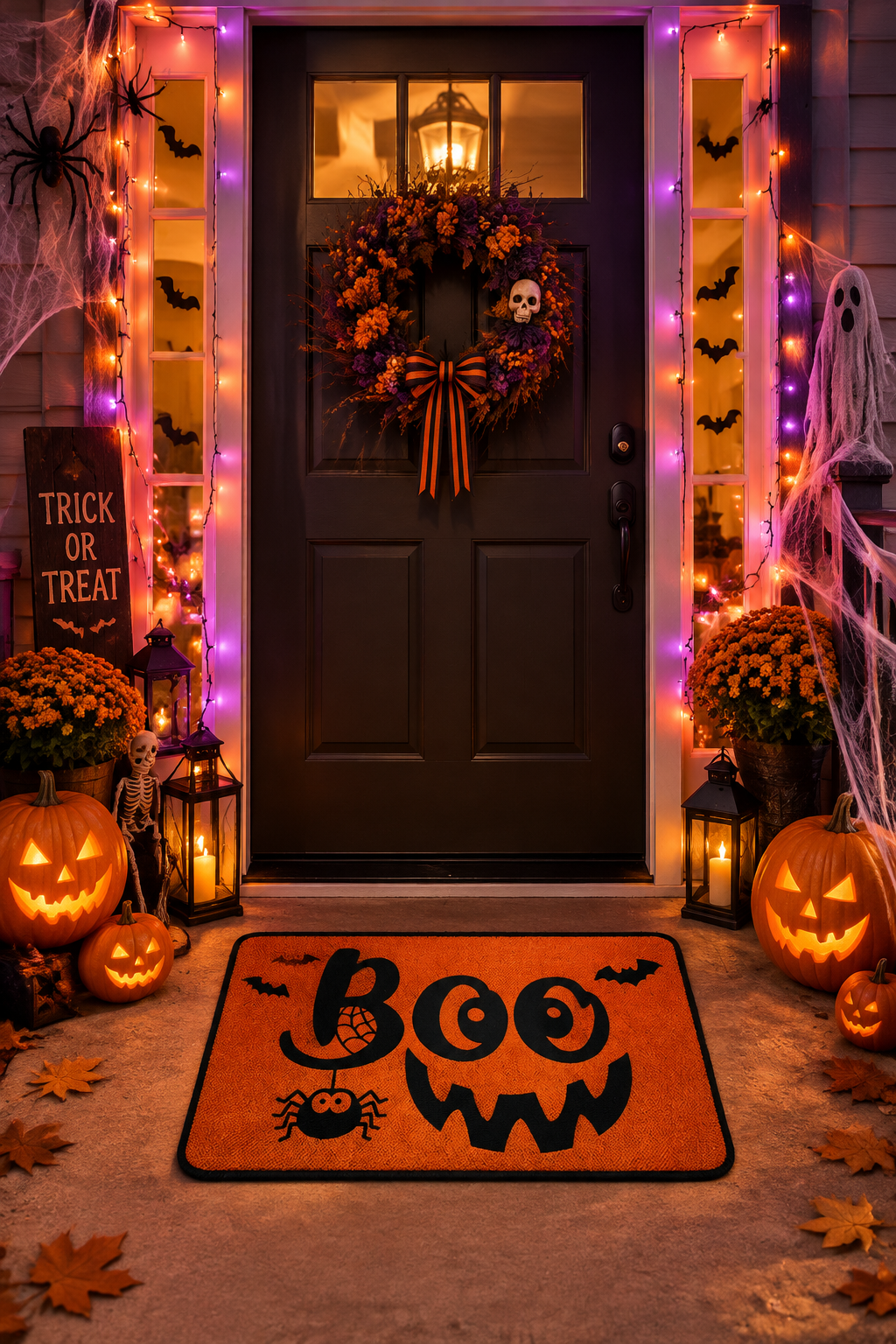 A Halloween-themed front door decorated with a purple and orange wreath, glowing string lights, jack-o'-lanterns, cobwebs, and a coir doormat that reads 'BOO' with a spider and bats.