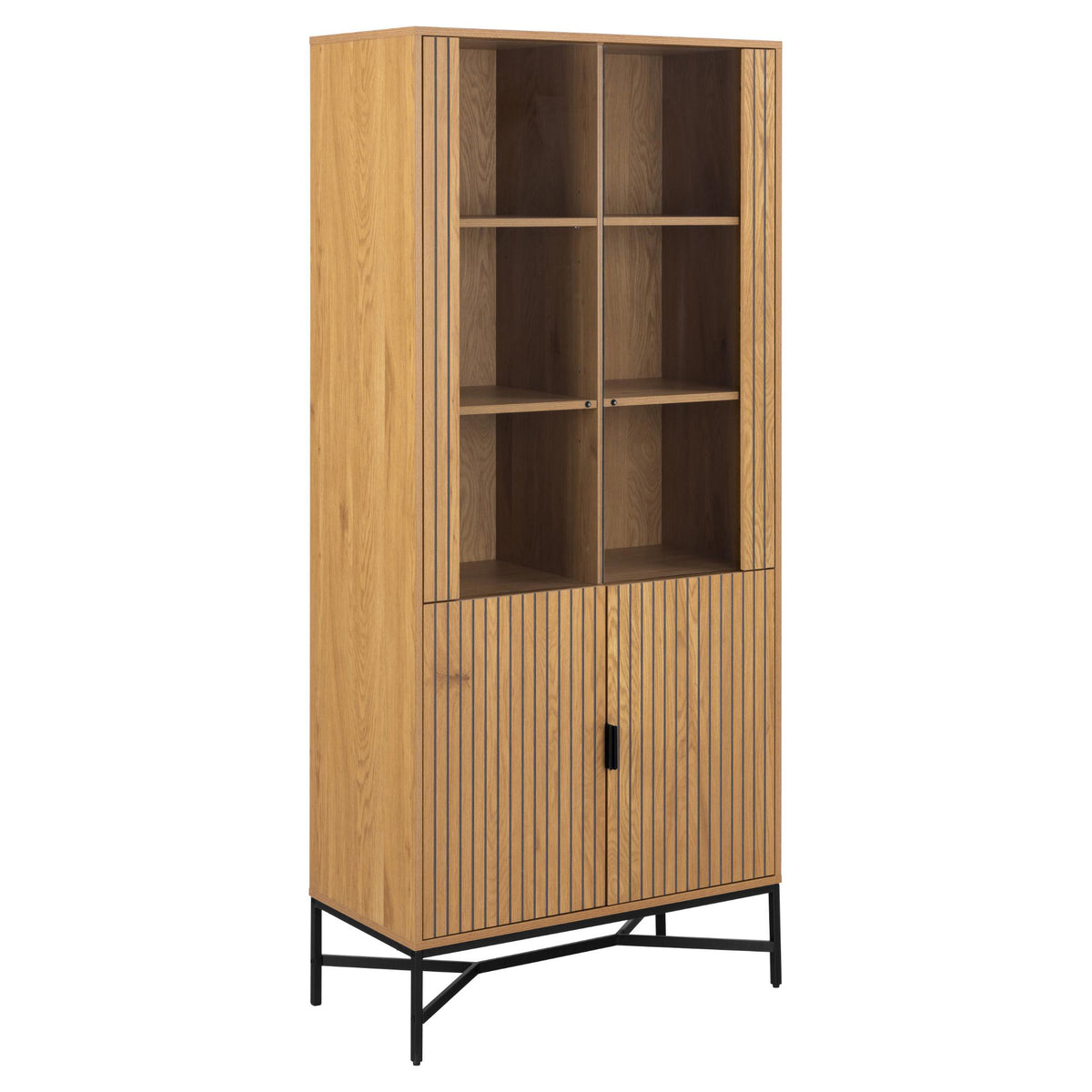 A Jaipur modern wooden cabinet with a warm oak finish, featuring a glass-front upper section with slatted side panels and open shelves, and a lower cabinet section with matching slatted doors and a black metal stand.