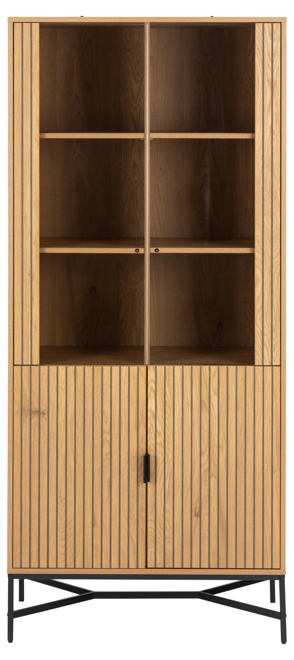 A tall wooden Jaipur cabinet with a slatted wood lamella design, featuring two open upper shelves, two glass-front upper doors, two lower slatted doors, and a black metal X-frame base, shown against a plain white background.