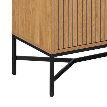 Close-up of a wooden cabinet or sideboard with a black metal frame and legs, shown against a plain white background.