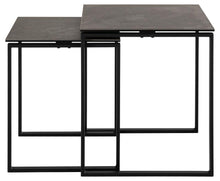 Load image into Gallery viewer, Two coffee table or nesting tables with black metal frames and gray concrete tops on a white background
