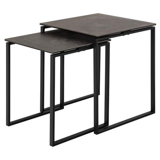 Two nesting tables with dark brown tops and black metal frames on a white background