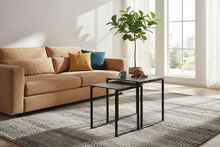 Load image into Gallery viewer, Beige sofa with colorful cushions in a bright living room with a plant and coffee table.
