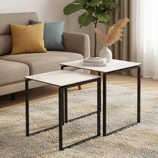 Two marble top tables with black metal frames on a white background
