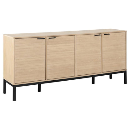 A modern four-door sideboard cabinet with a light oak wood grain finish and a black metal frame with legs, shown against a plain white background.