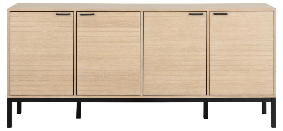 A modern sideboard cabinet with four light oak wood doors and slim black metal handles, supported by a black metal frame with legs.