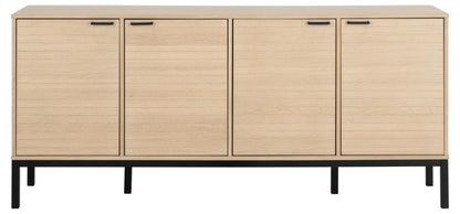 A modern sideboard cabinet with four light oak wood doors and slim black metal handles, supported by a black metal frame with legs.
