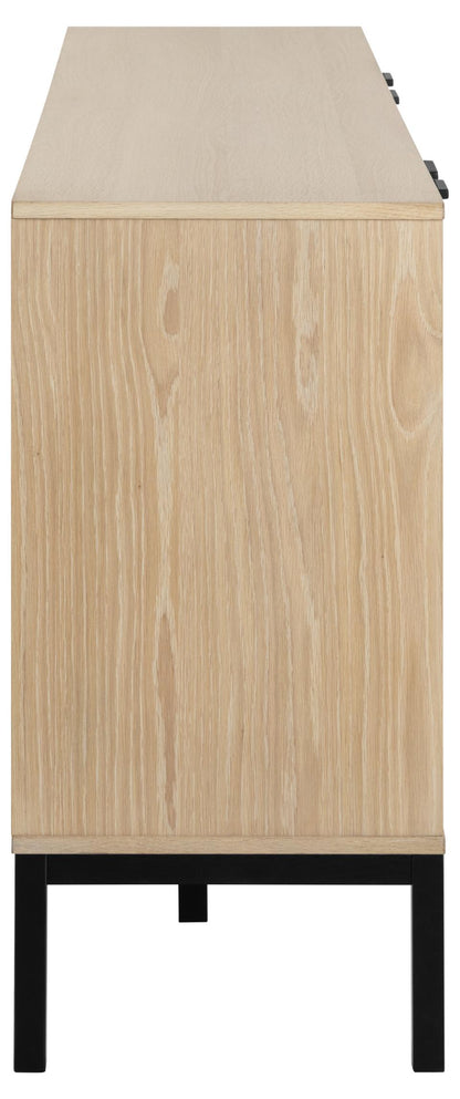 Side view of a wooden sideboard with a beige top on a white background