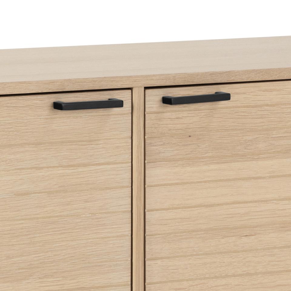 Close-up of a wooden cabinet with black handles on a white background