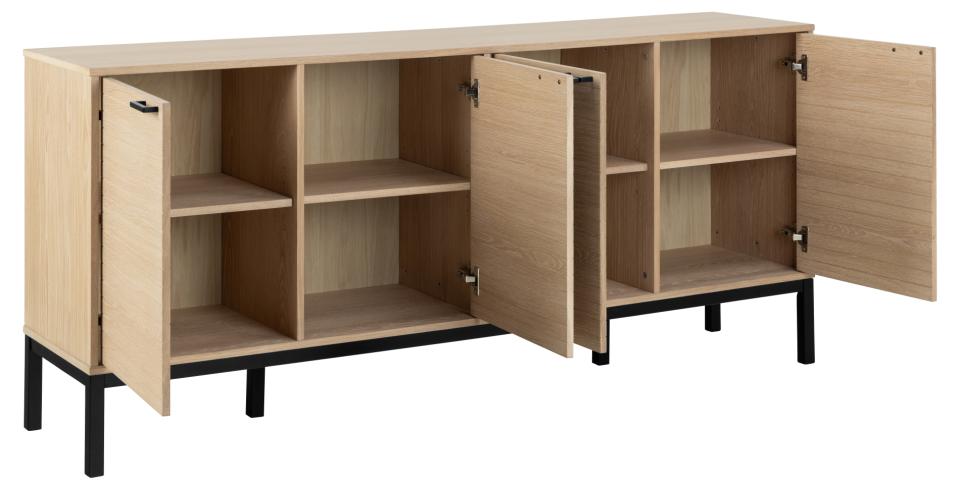 Wooden Kensington large 180cm sideboard with open doors on a white background
