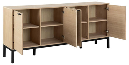 Wooden Kensington large 180cm sideboard with open doors on a white background