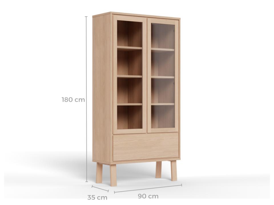 A light natural wood display cabinet with two glass-front upper doors, four interior shelves, a lower drawer section, and tapered legs. White dimension lines and labels indicate a height of 180 cm, width of 90 cm, and depth of 35 cm on a light gray background.