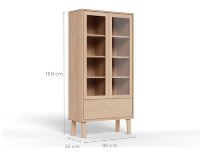 A light natural wood display cabinet with two glass-front upper doors, four interior shelves, a lower drawer section, and tapered legs. White dimension lines and labels indicate a height of 180 cm, width of 90 cm, and depth of 35 cm on a light gray background.
