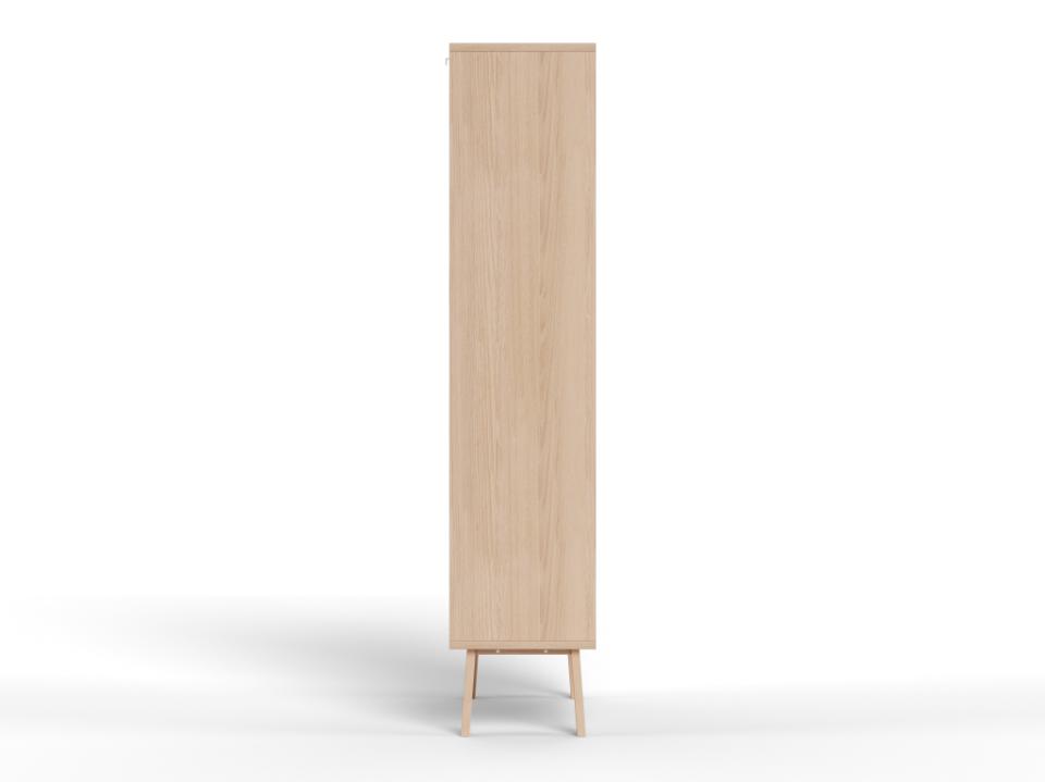 A tall, narrow wooden cabinet or storage unit with a light natural oak finish and tapered wooden legs, shown against a plain white background.
