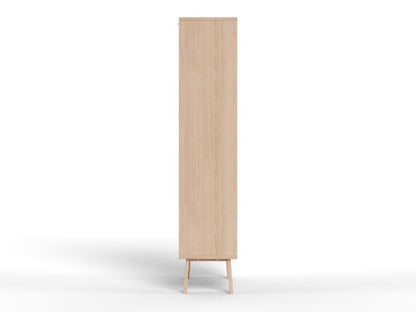 A tall, narrow wooden cabinet or storage unit with a light natural oak finish and tapered wooden legs, shown against a plain white background.