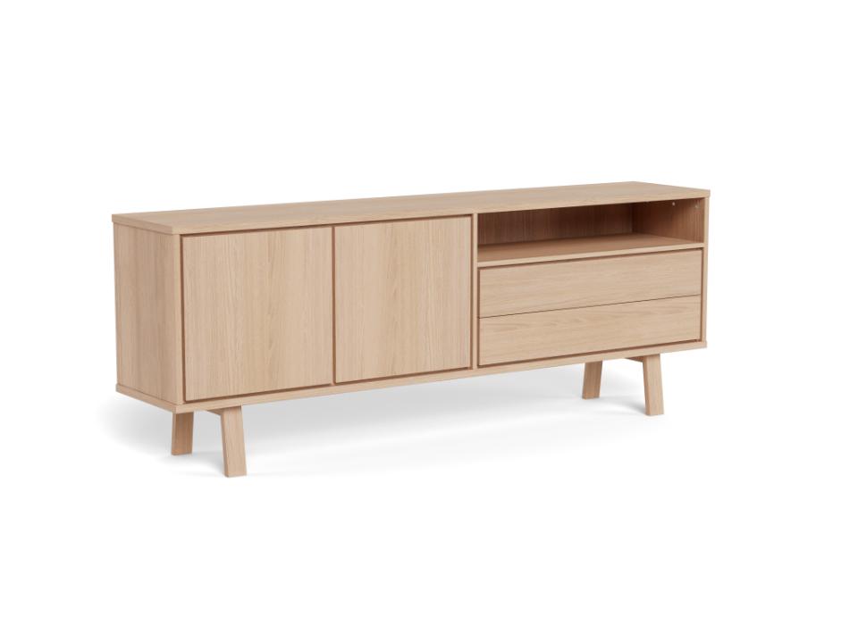 A mid-century modern sideboard cabinet in light natural oak wood, featuring two cabinet doors on the left, two drawers on the right, and an open shelf above the drawers, supported by tapered legs.