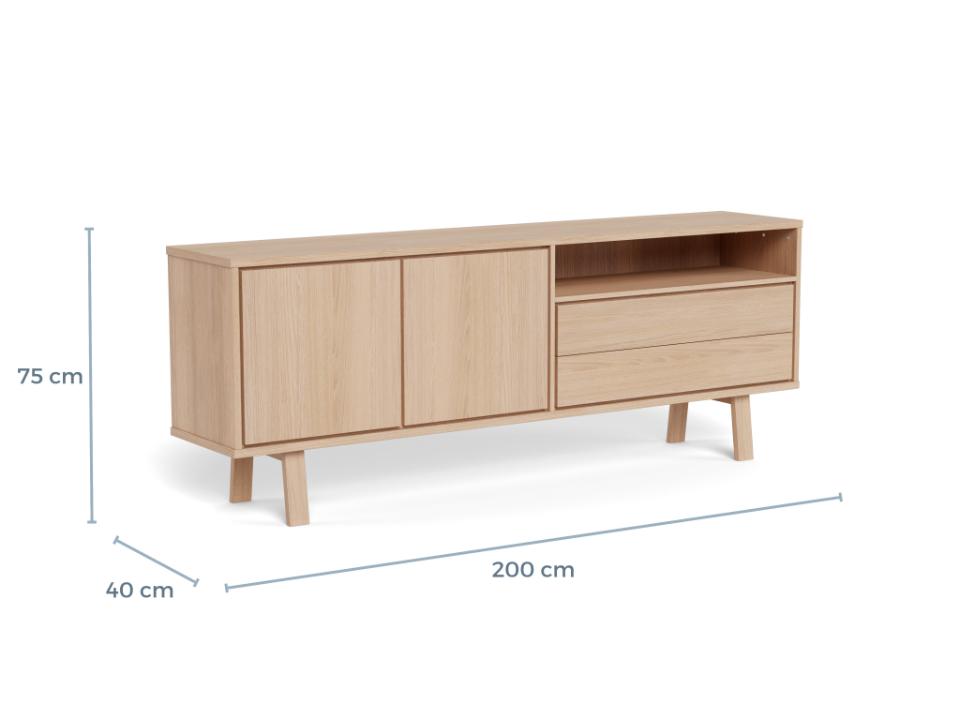 A light natural wood sideboard or media console shown on a white background with dimension lines indicating 75 cm height, 200 cm length, and 40 cm width.
