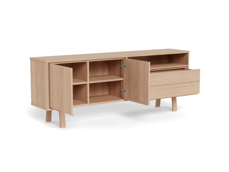 A light natural wood sideboard or media console with open shelving and two drawers, shown on a clean white background.