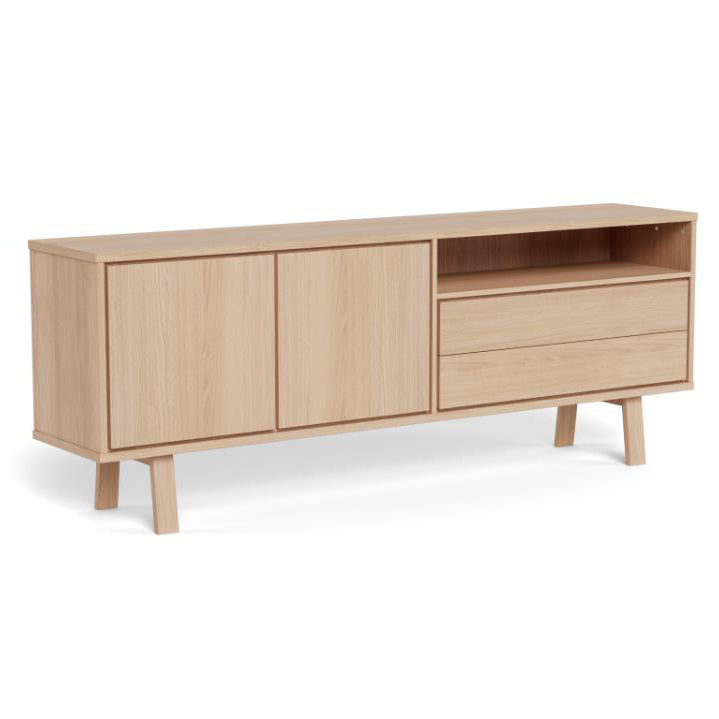 A mid-century modern sideboard cabinet in light natural oak wood, featuring two cabinet doors on the left, two drawers on the right, and an open shelf above the drawers, supported by tapered legs.
