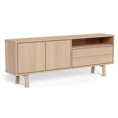 A mid-century modern sideboard cabinet in light natural oak wood, featuring two cabinet doors on the left, two drawers on the right, and an open shelf above the drawers, supported by tapered legs.