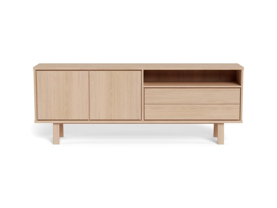 A mid-century modern sideboard cabinet in light natural oak wood, featuring two cabinet doors on the left, two drawers on the right, and an open shelf above the drawers, supported by tapered legs on a white background.