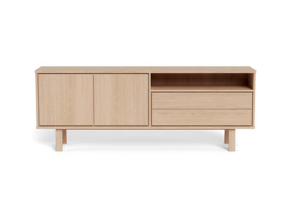 A mid-century modern sideboard cabinet in light natural oak wood, featuring two cabinet doors on the left, two drawers on the right, and an open shelf above the drawers, supported by tapered legs on a white background.