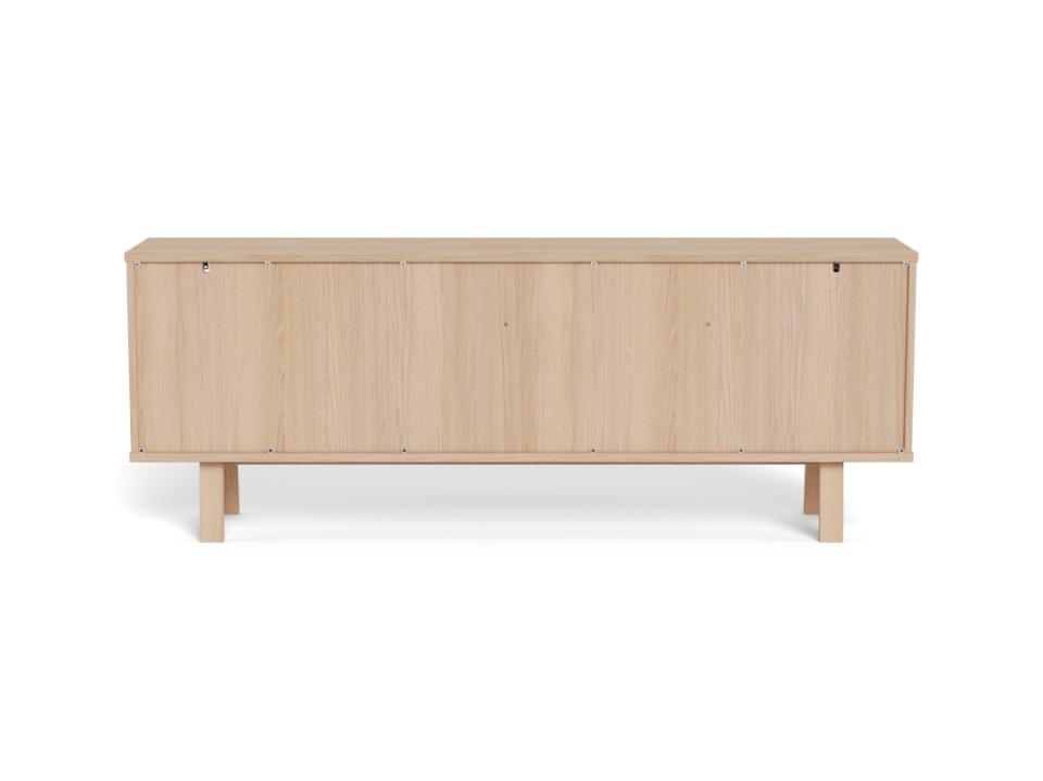 Rear view of a modern long sideboard in light natural oak wood, featuring tapered legs, shown against a plain white background.